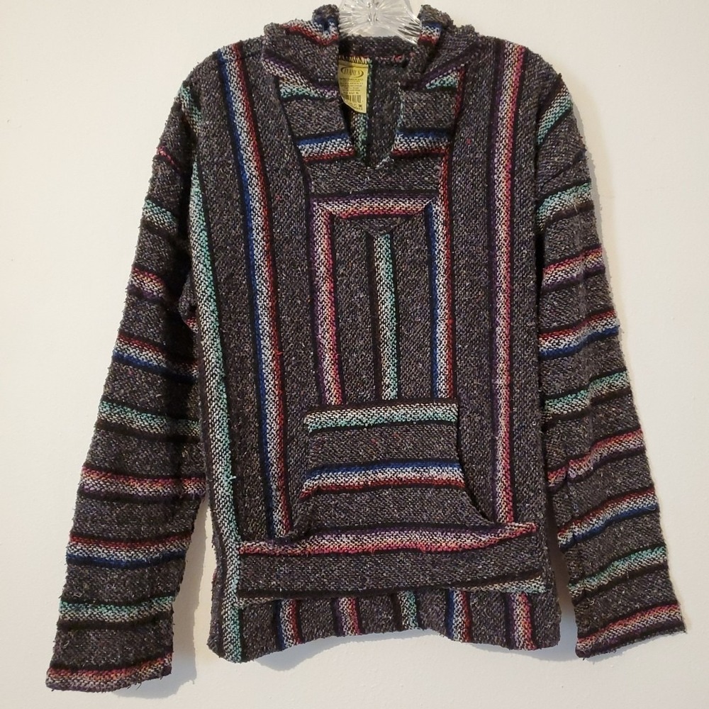 Franks Textiles Baja Hoodie Mens XL Gray Striped Rug Mexn  Blanket Surf Pullover